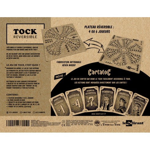 Jeu de tock réversible 4 et 6 joueurs en bois d'hévéa, écoresponsable aux normes CE.