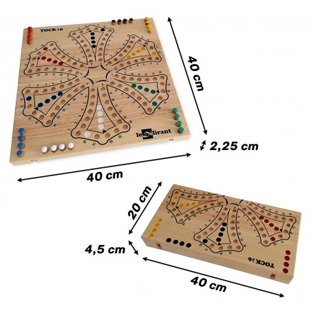 Jeu de toc tock 6 joueurs taille XL en bois massif d'hévéa, fabrication artisanale.