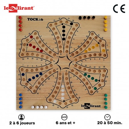 Jeu de toc tock 6 joueurs taille XL en bois massif d'hévéa, fabrication artisanale.