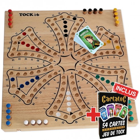 Jeu de toc tock 6 joueurs taille XL en bois massif d'hévéa, + cartatoc fabrication artisanale.