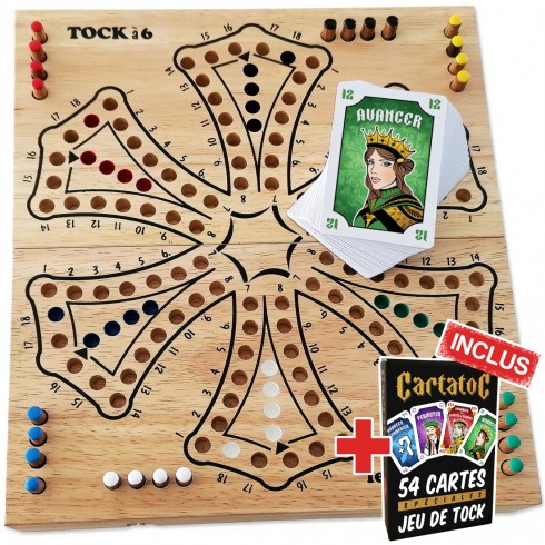 Jeu de Toc Tock 6 joueurs avec cartatoc , jeu de société familial en bois massif d'hévéa.