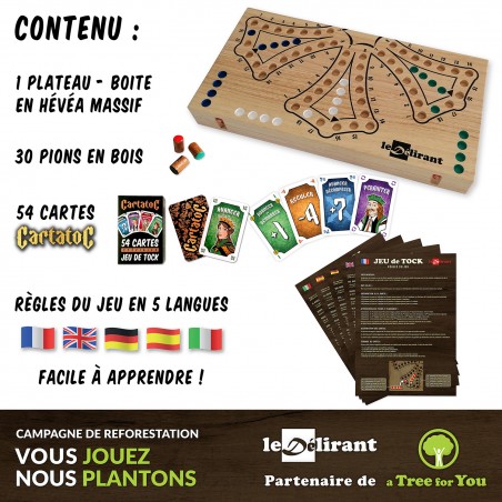 Jeu de toc tock 6 joueurs taille XL en bois massif d'hévéa, fabrication artisanale.