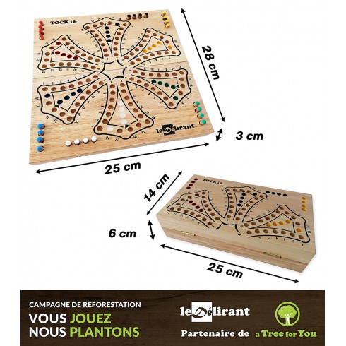 Jeu de Toc Tock 6 4 joueurs, jeu de société familial en bois massif d'hévéa.