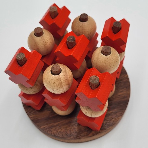 Tic Tac Toe 3D Morpion 3 dimensions couleur orange et bois acacia et hévéa - format L -  LEDELIRANT